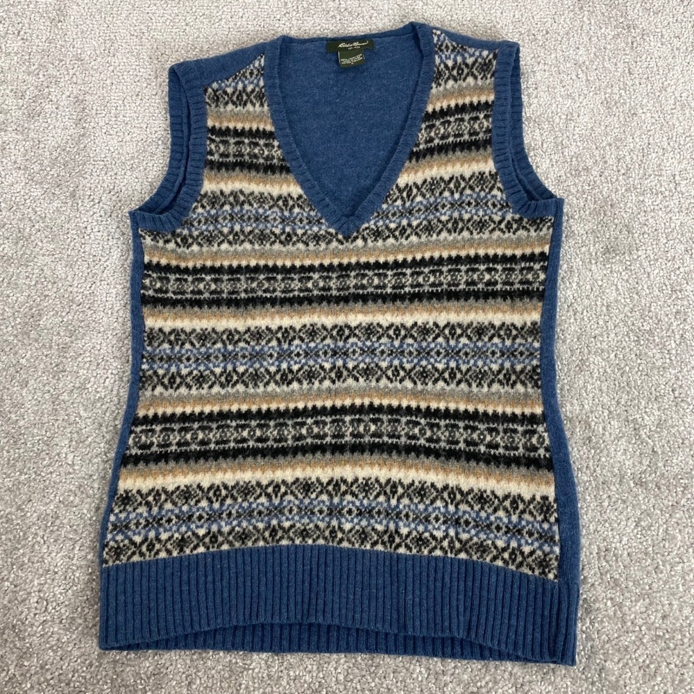 Eddie Bauer Sweater Vest Womens Small Lambswool Fair Isle V Neck Blue